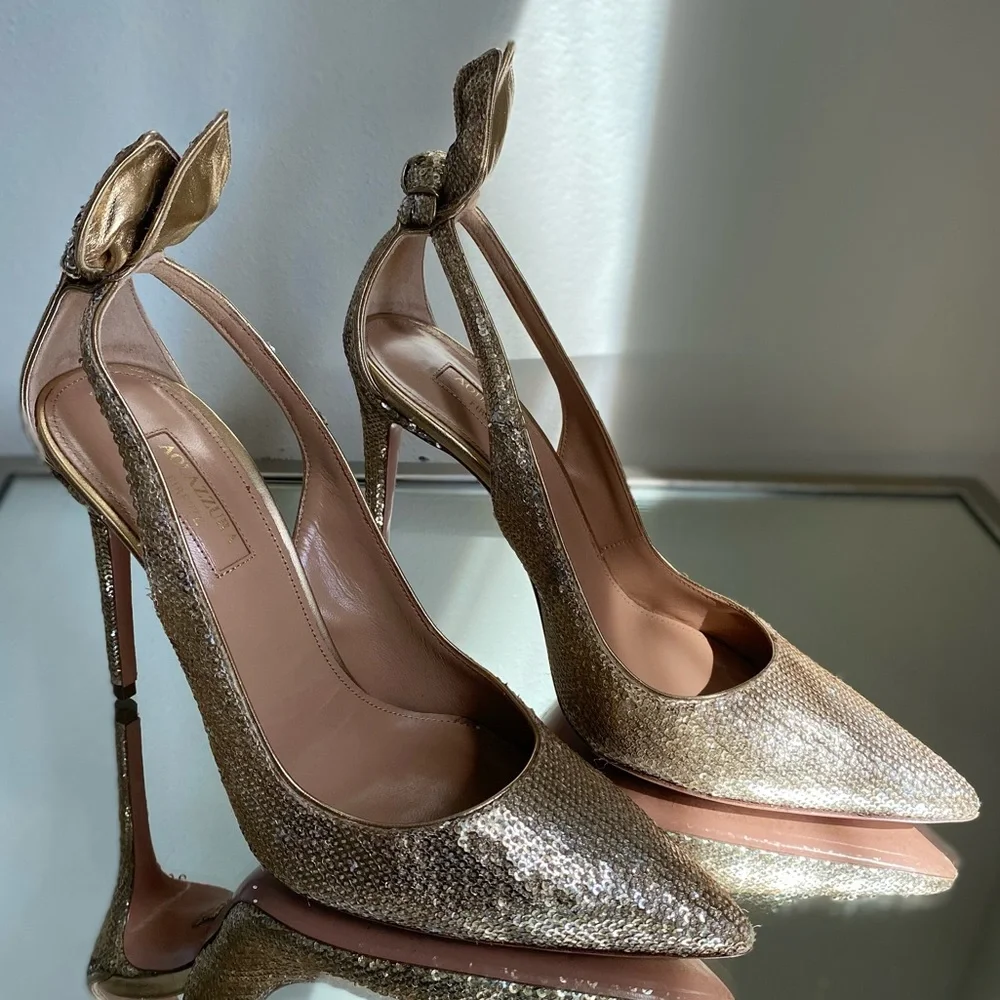 EUC Aquazzura Deneuve Bow Tie Sequin 105 pump 38.5 - Picture 5 of 10
